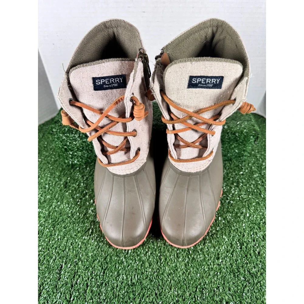 Sperry‎ Saltwater Duck Boots Womens 8.5 Olive Green Beige Canvas Coral STS95346